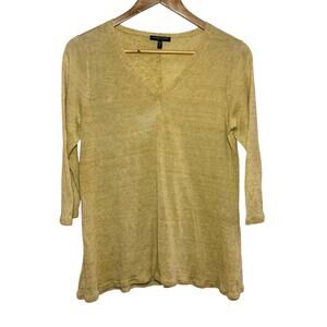 Eileen Fisher Size PM Petite Medium Yellow 100% Linen V-Neck Top